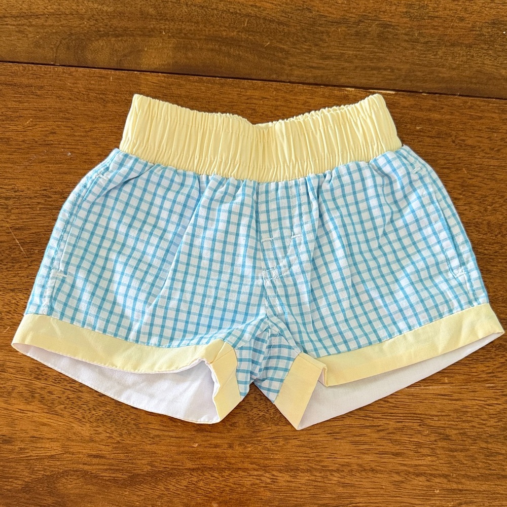 Beaufort Bonnet Company Blue Plaid & Yellow Elastic Waist Shorts 3-6mos